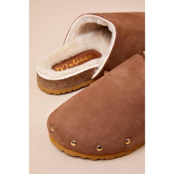 Matisse Upstate Tan Suede Leather Shearling Studded Mule Slides - Picture 4 of 5